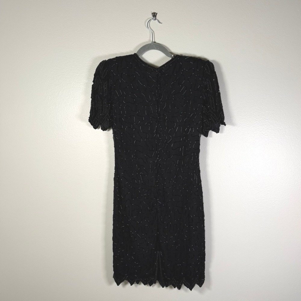 Laurence Kazar Beaded Silk Dress S Black Vintage Sequin Cocktail Mini